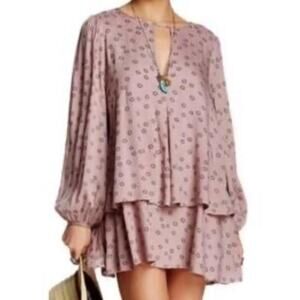 FREE PEOPLE | Purple Mauve Beck Printed Tunic Mini Dress Tiered | Size Medium